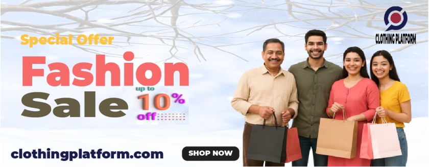 Clothing Platform fashion sale banner with family holding shopping bags, offering up to 10% off.