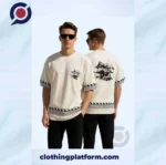 White export-quality T-Shirt with black Japanese-style temple print, front and back view.
