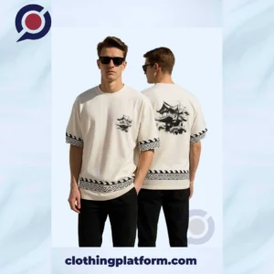 White export-quality T-Shirt with black Japanese-style temple print, front and back view.