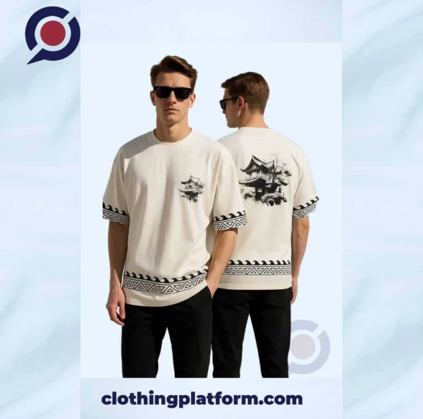 White export-quality T-Shirt with black Japanese-style temple print, front and back view.