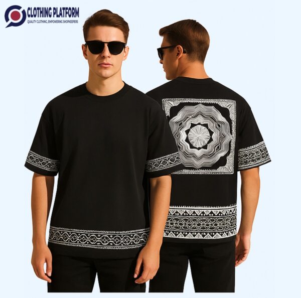 Black Drop Shoulder T-Shirt with Geometric Print – Clothing Platform Black drop shoulder t-shirt with white geometric printed design on sleeves, hem, and back panel.