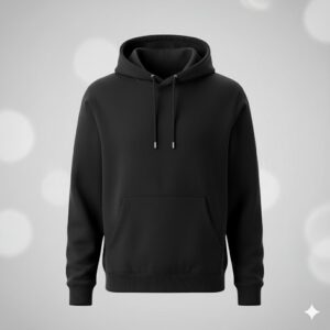 Jet Black Premium Cotton Hoodie for Men – Winter Collection 2025 Black premium cotton hoodie with front pocket and drawstrings, displayed on a plain background — perfect for winterwear collection.