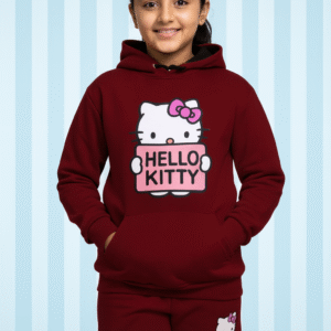 Maroon Hello Kitty Girls Hoodie Set – Premium Winter Wear Young girl wearing maroon Hello Kitty hoodie and jogger set