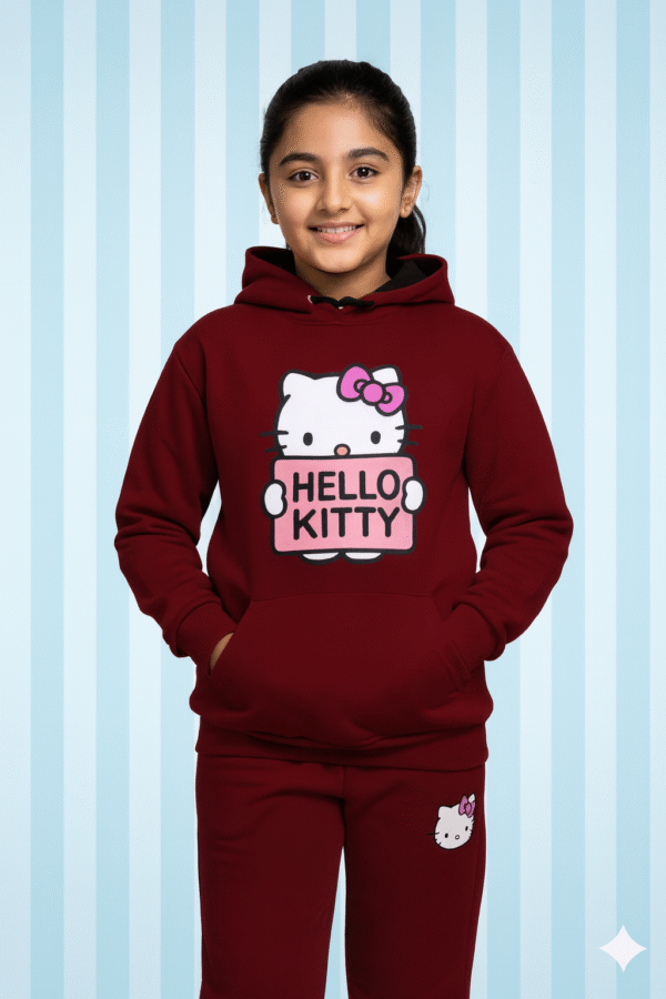 Young girl wearing maroon Hello Kitty hoodie and jogger set