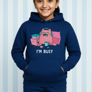 Navy Blue Girls Hoodie Set - I'm Busy Cartoon Design Smiling young girl wearing navy blue hoodie and jogger set with cartoon print saying "I'm Busy"
